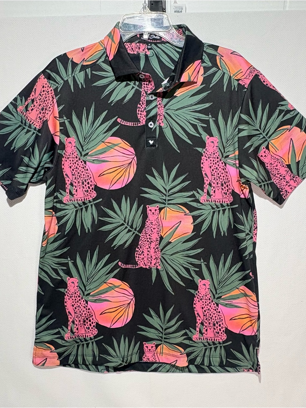 Bad Birdie Black Polo with Pink Cheetah & Green Palm Print